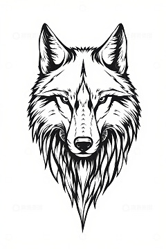 狼头部黑白线条插画