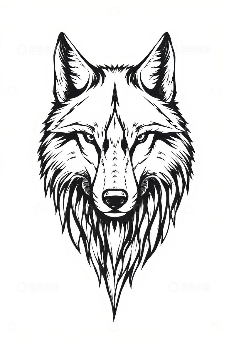狼头部黑白线条插画