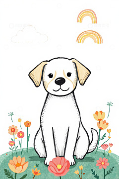 插画小狗坐于花丛中