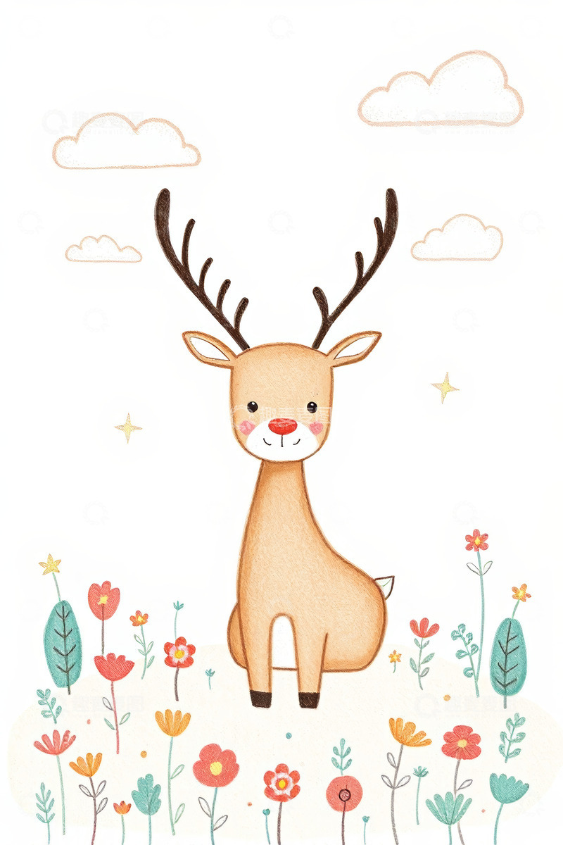 高清大图下载【趣麦麦图】卡通驯鹿坐于花丛场景