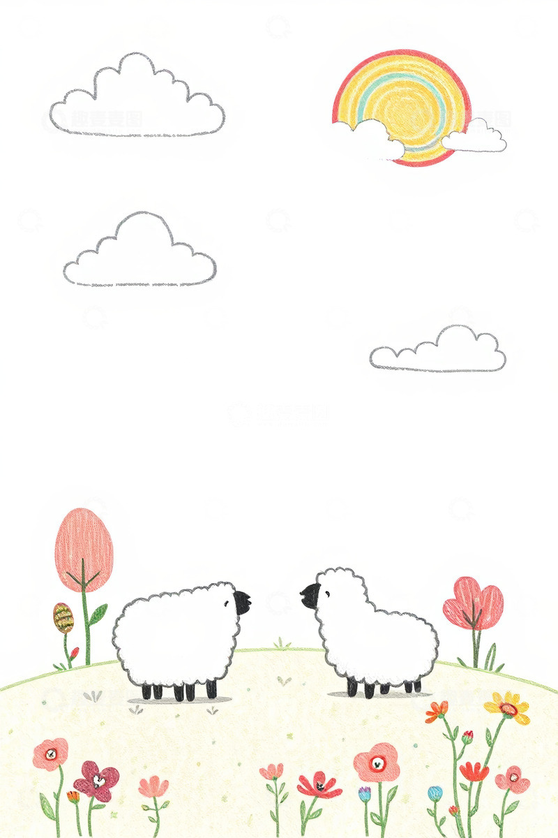 高清大图下载【趣麦麦图】卡通风格草地双羊风景插画