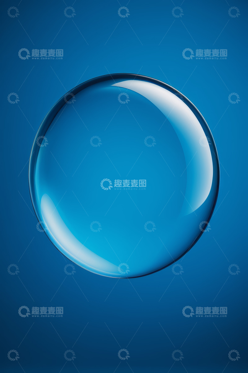 高清大图下载【趣麦麦图】蓝色背景下悬浮的透明水滴