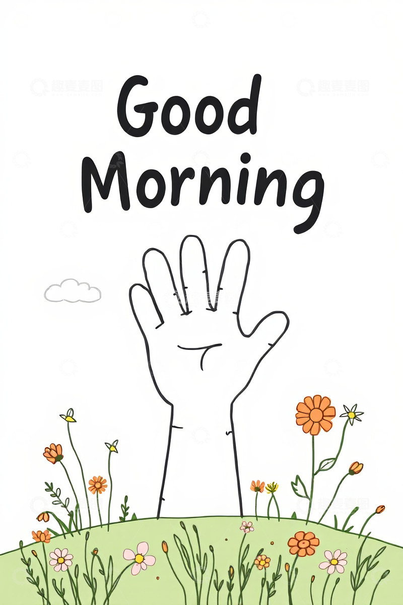 高清大图下载【趣麦麦图】手绘早安手势与花草插图