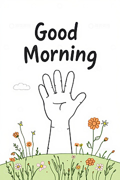 手绘早安手势与花草插图