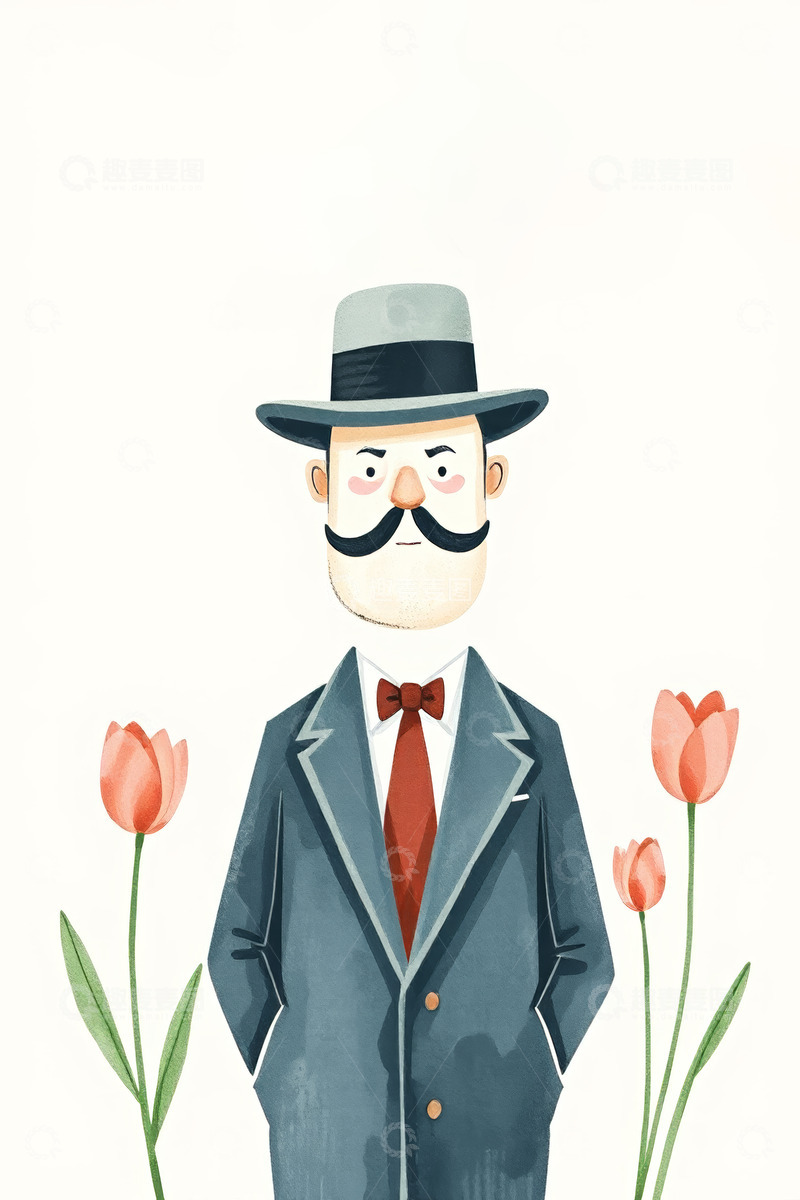 高清大图下载【趣麦麦图】戴礼帽有胡须的男子插画