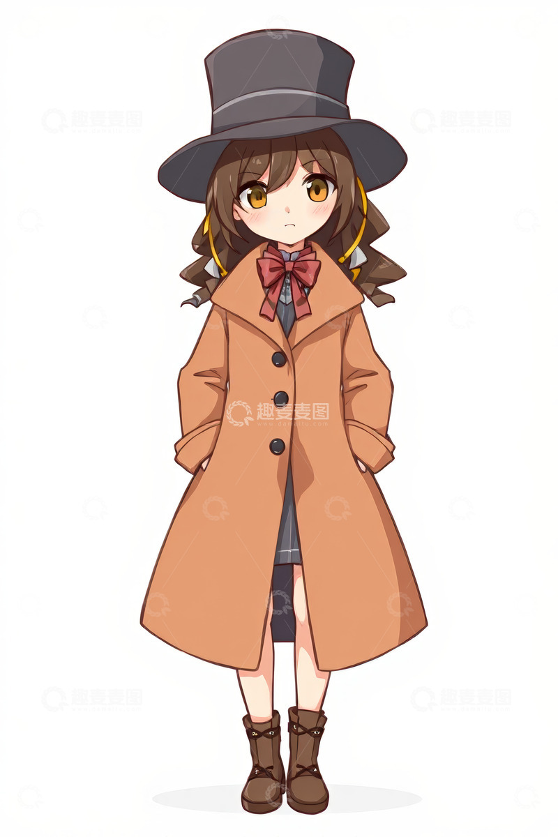 高清大图下载【趣麦麦图】穿风衣戴礼帽的卡通女孩