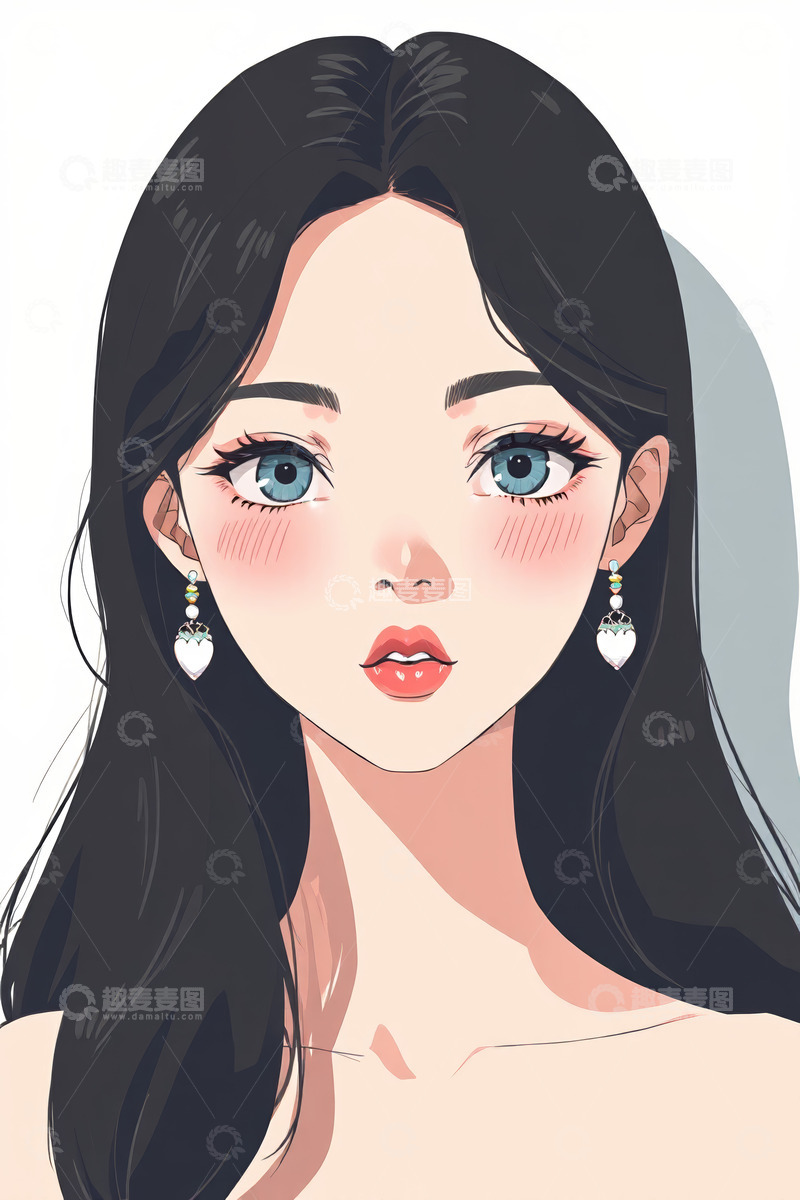 高清大图下载【趣麦麦图】长发女孩卡通风格人物肖像