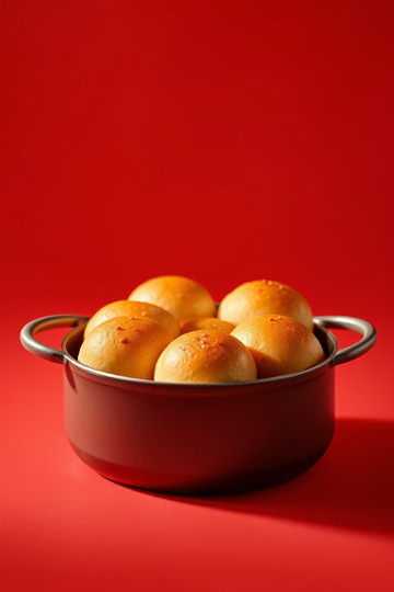 红色背景锅中的美味面包