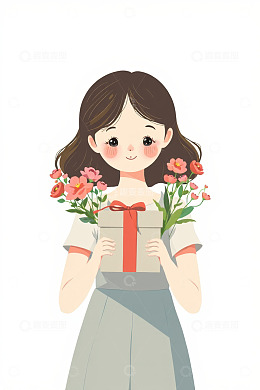 手持礼物鲜花的女孩插图