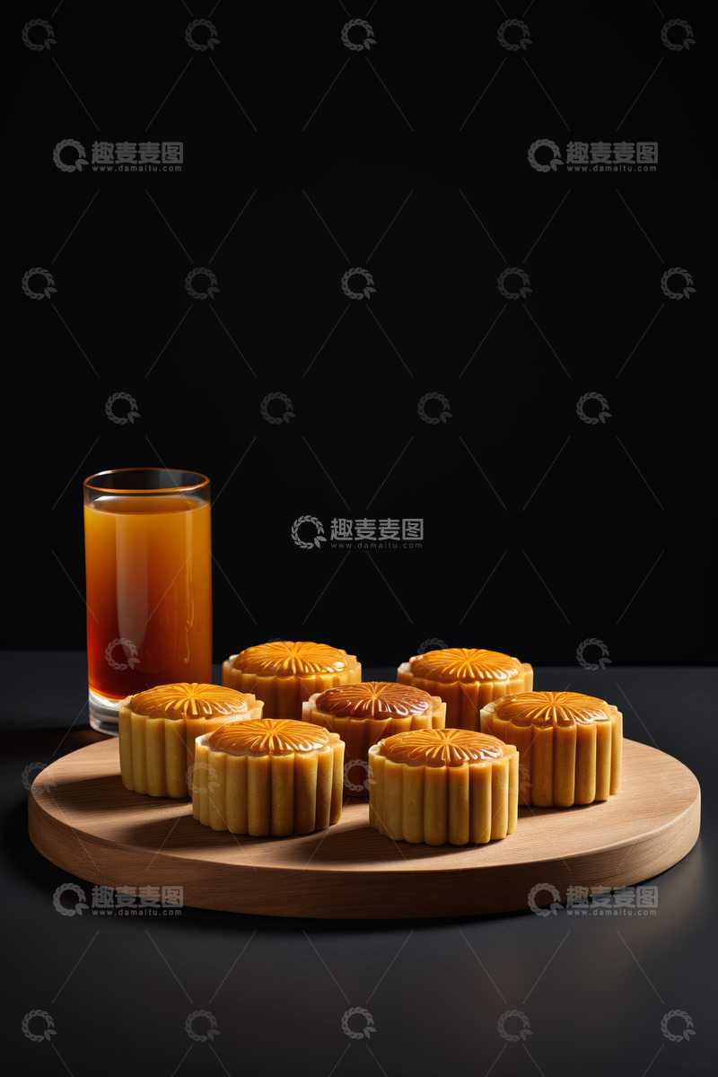 高清大图下载【趣麦麦图】木盘上的月饼与果汁静物