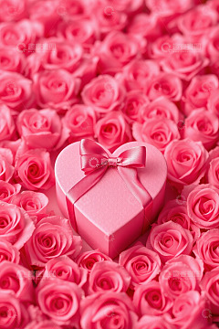 粉色玫瑰中的爱心礼物盒