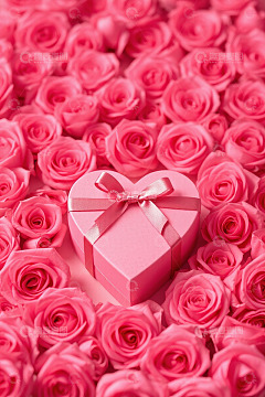 心形礼盒被粉色玫瑰环绕