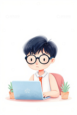 戴眼镜男孩使用笔记本电脑
