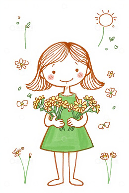 手持鲜花微笑的女孩插画