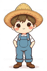 戴草帽穿背带裤的卡通男孩