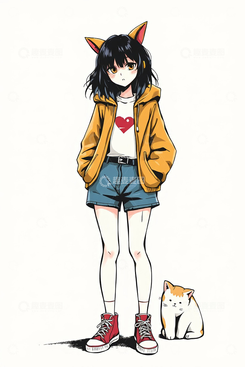 穿猫耳装的女孩与猫咪