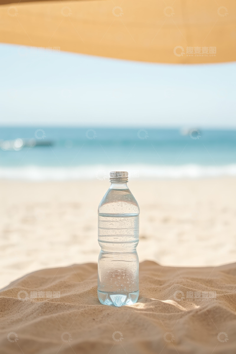 高清大图下载【趣麦麦图】沙滩上的瓶装水与海洋背景