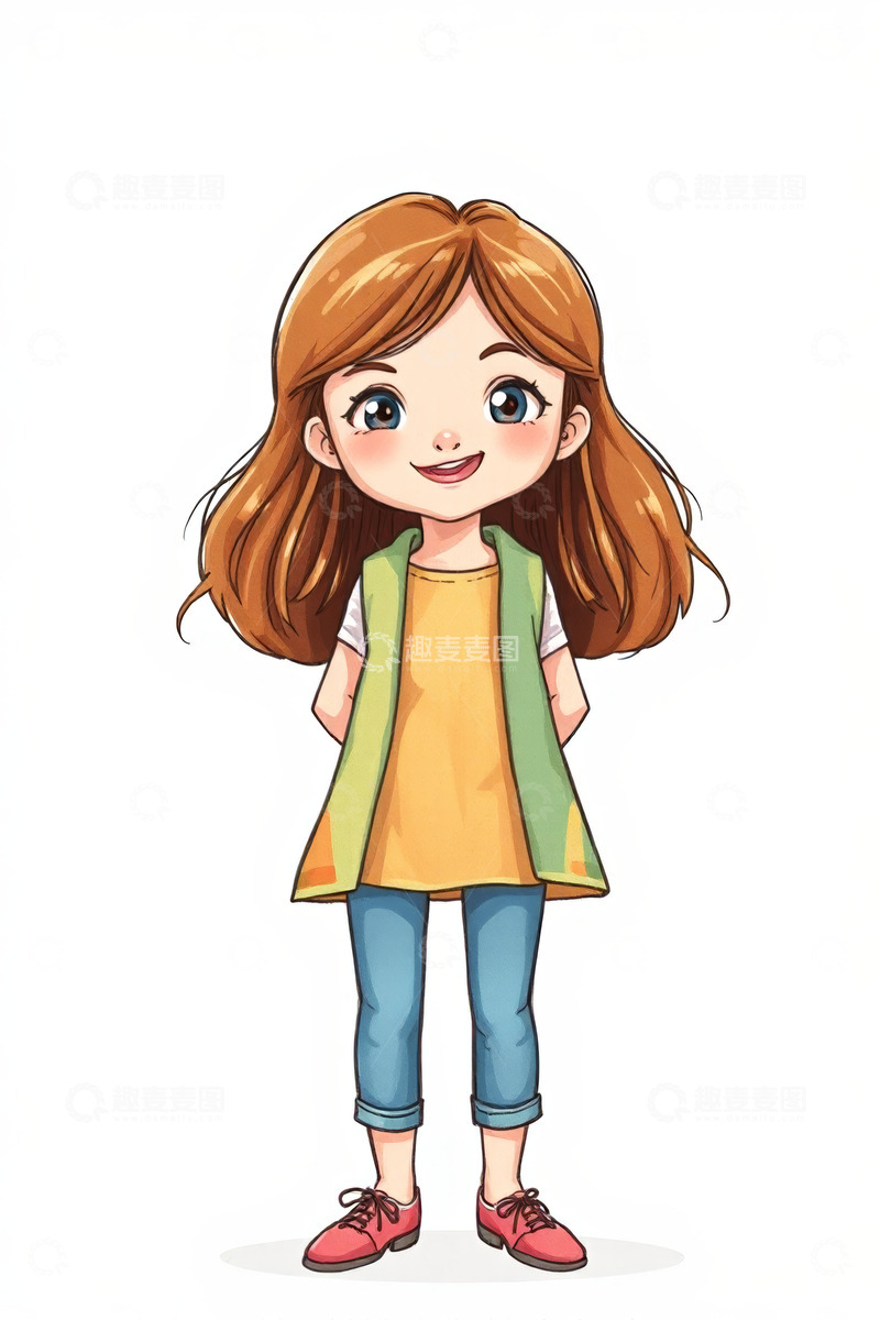高清大图下载【趣麦麦图】站立微笑的卡通女孩插画素材