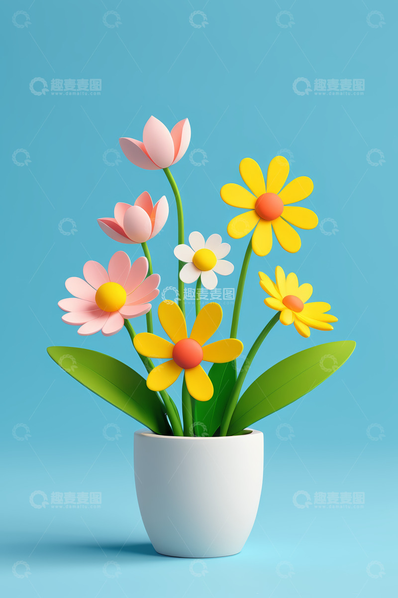 高清大图下载【趣麦麦图】蓝色背景白色花盆中的花朵