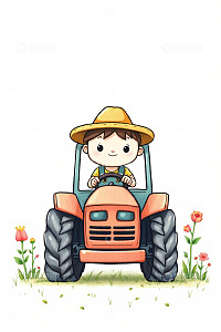 卡通小孩驾驶拖拉机插画
