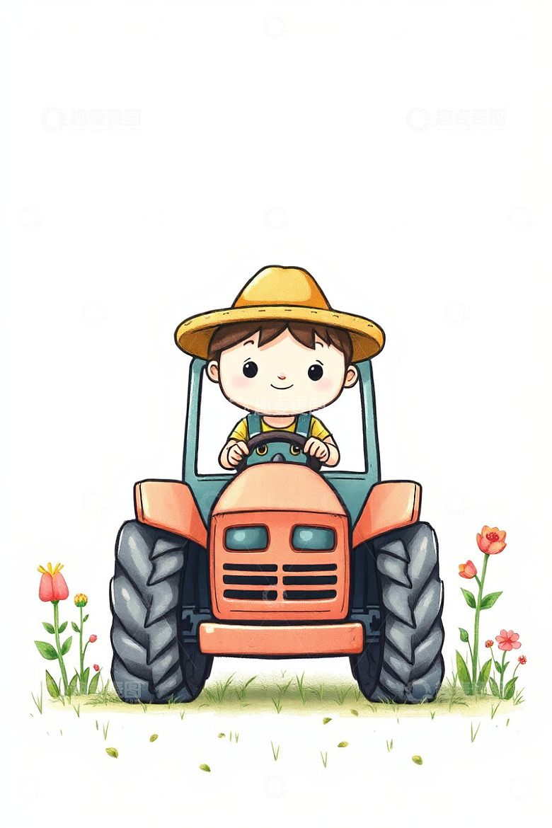 卡通小孩驾驶拖拉机插画