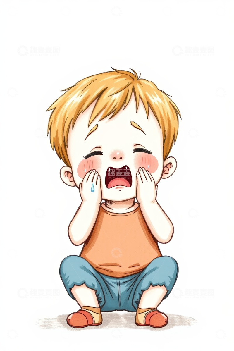 高清大图下载【趣麦麦图】-哭泣的金发小男孩插画