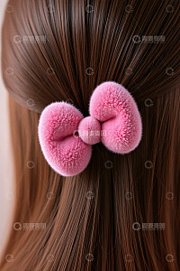 女性头发上的粉色毛绒蝴蝶结发饰