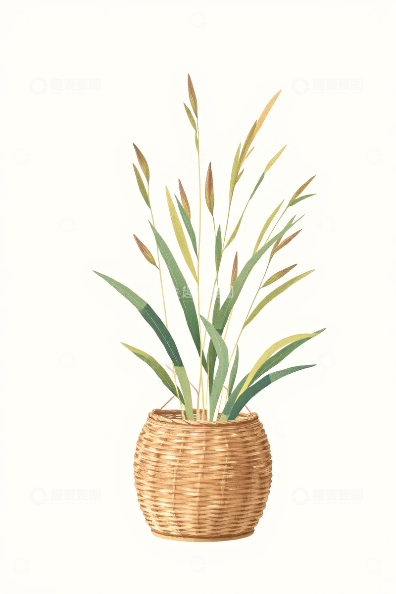 高清大图下载【趣麦麦图】插画风格编织篮内植物
