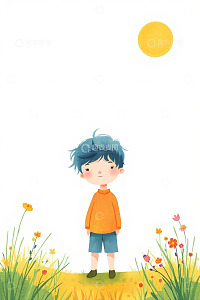 户外站立男孩与花草阳光场景