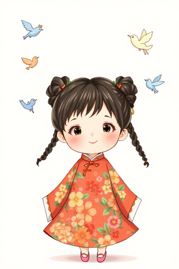 穿中式服装的可爱小女孩插画