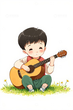 小男孩草地弹吉他场景