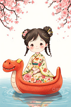 古风少女乘龙舟赏樱花