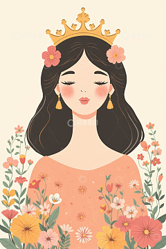 戴皇冠的花卉少女插画
