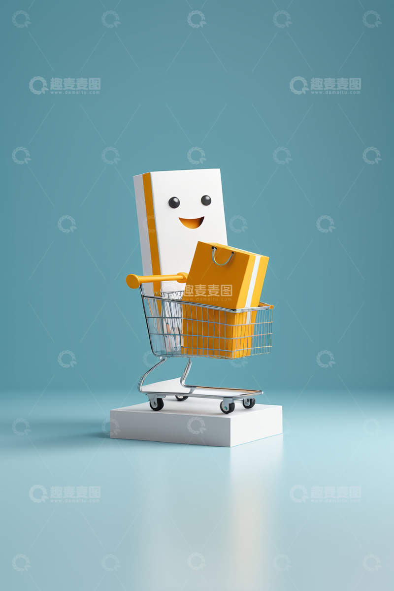 高清大图下载【趣麦麦图】卡通包装盒购物车购物场景