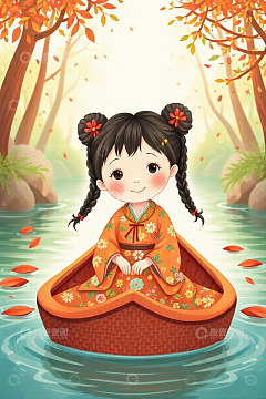 穿汉服小女孩泛舟秋景