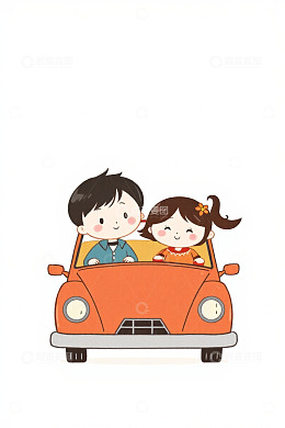 男孩女孩同坐橙色汽车插画