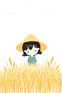 戴斗笠女孩站在麦田中