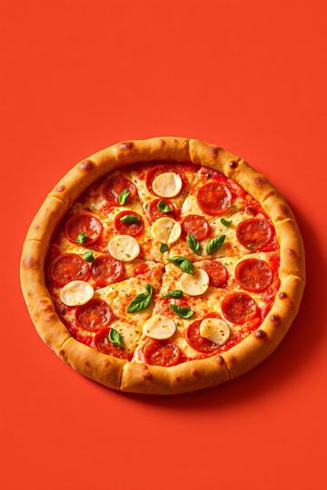 红色背景上的美味比萨饼