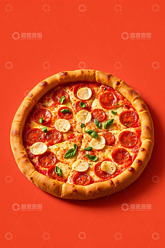 红色背景上的美味比萨饼