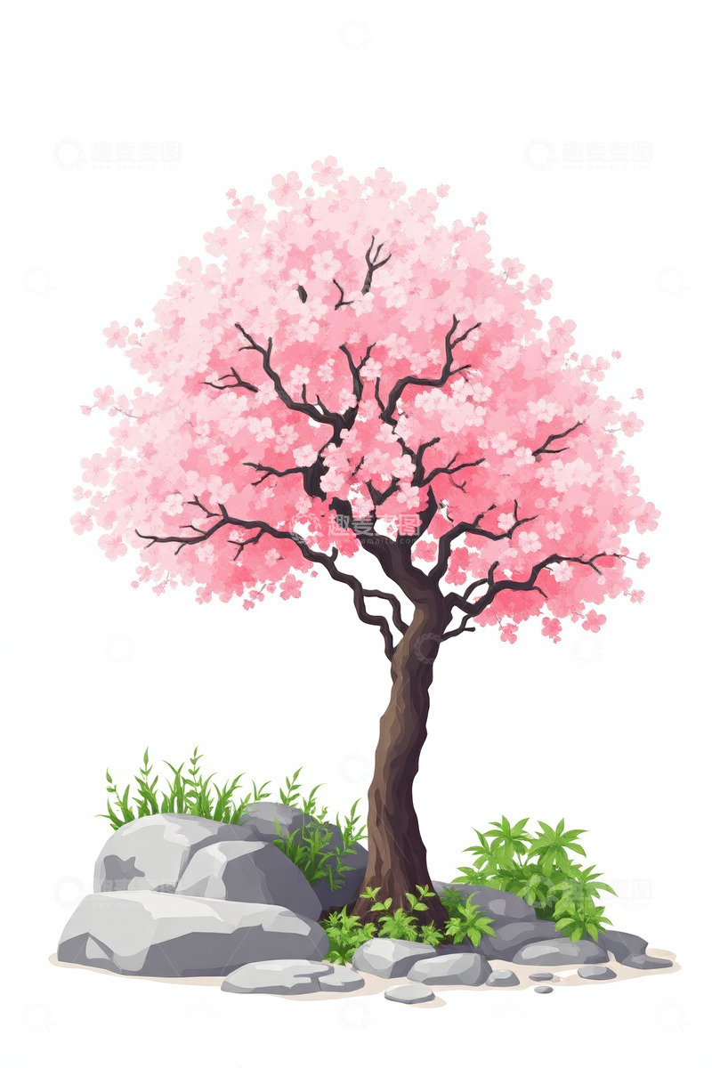高清大图下载【趣麦麦图】粉色樱花树与岩石绿植