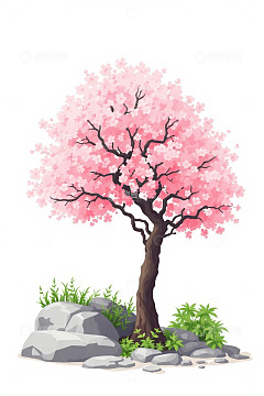 粉色樱花树与岩石绿植