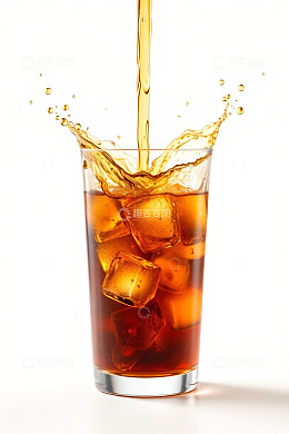 可乐倒入加冰玻璃杯