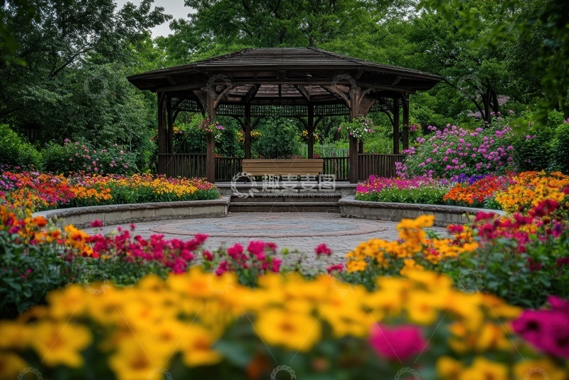 高清大图下载【趣麦麦图】开满鲜花的凉亭美景
