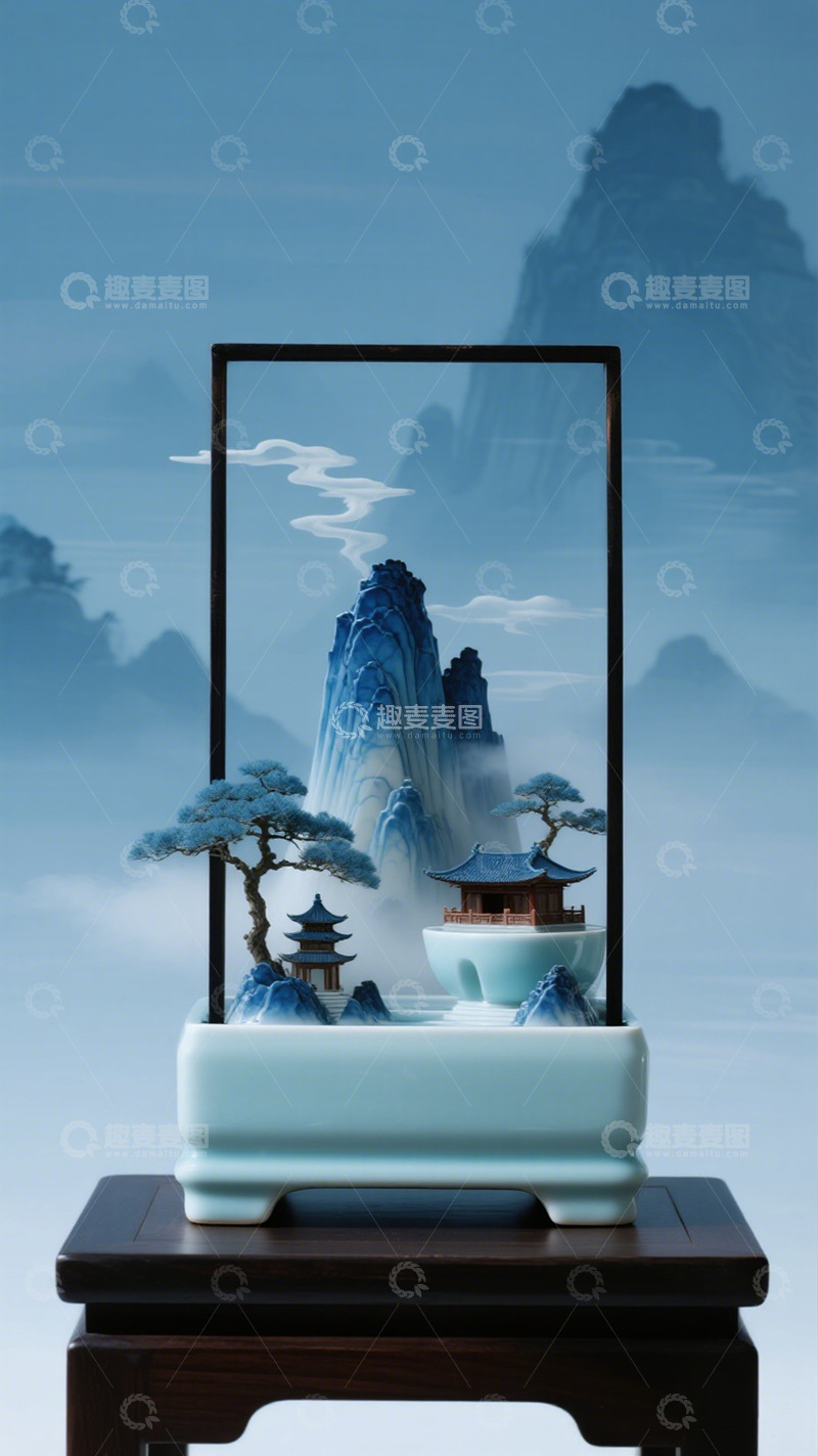 高清大图下载【趣麦麦图】东方禅意山水盆景装饰艺术品