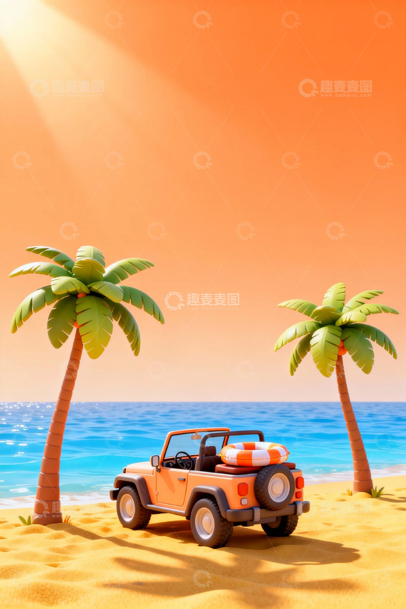 高清大图下载【趣麦麦图】夏日海滩吉普车美景