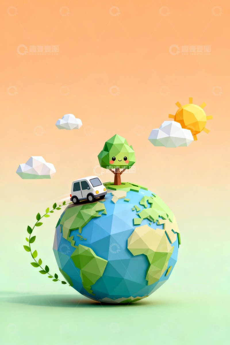 高清大图下载【趣麦麦图】-低多边形地球环保插画