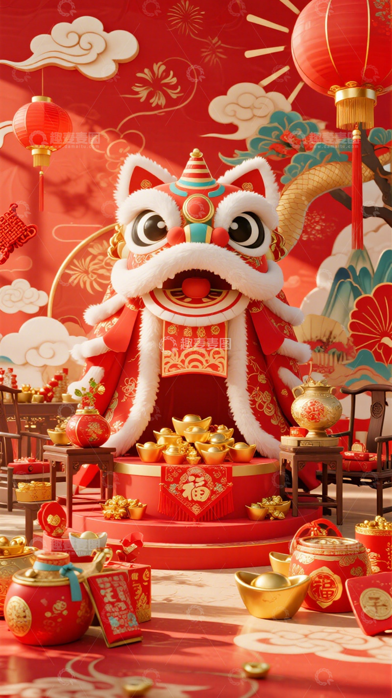 高清大图下载【趣麦麦图】喜庆中国年舞狮装饰场景