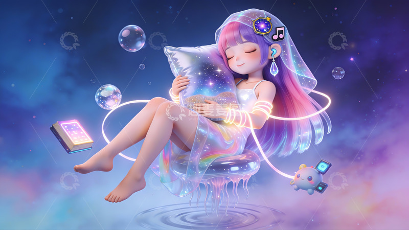 高清大图下载【趣麦麦图】星梦轻眠：幻彩少女的水母云端