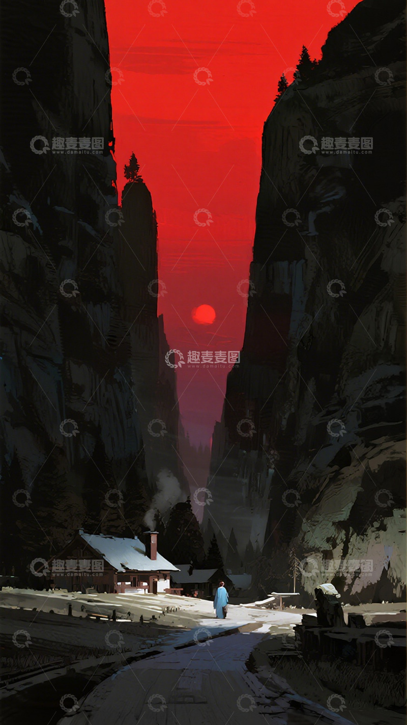 高清大图下载【趣麦麦图】峡谷落日小屋风景插画