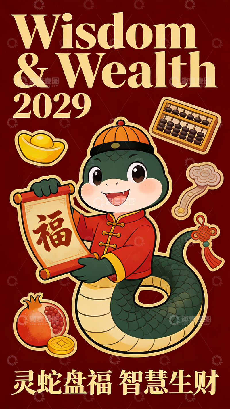 高清大图下载【趣麦麦图】灵蛇盘福：2029 智慧生财吉兆